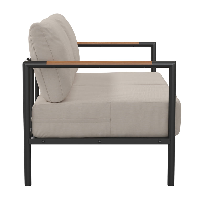 Amy Black Metal Indoor/Outdoor Patio Love Seat with Teak Accented Arms and Cushions