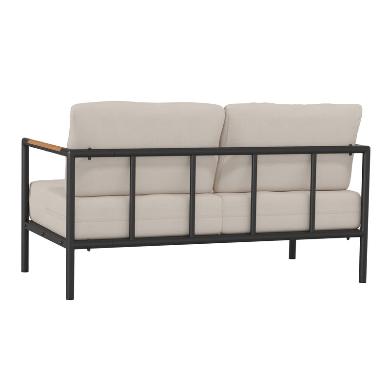 Amy Black Metal Indoor/Outdoor Patio Love Seat with Teak Accented Arms and Cushions