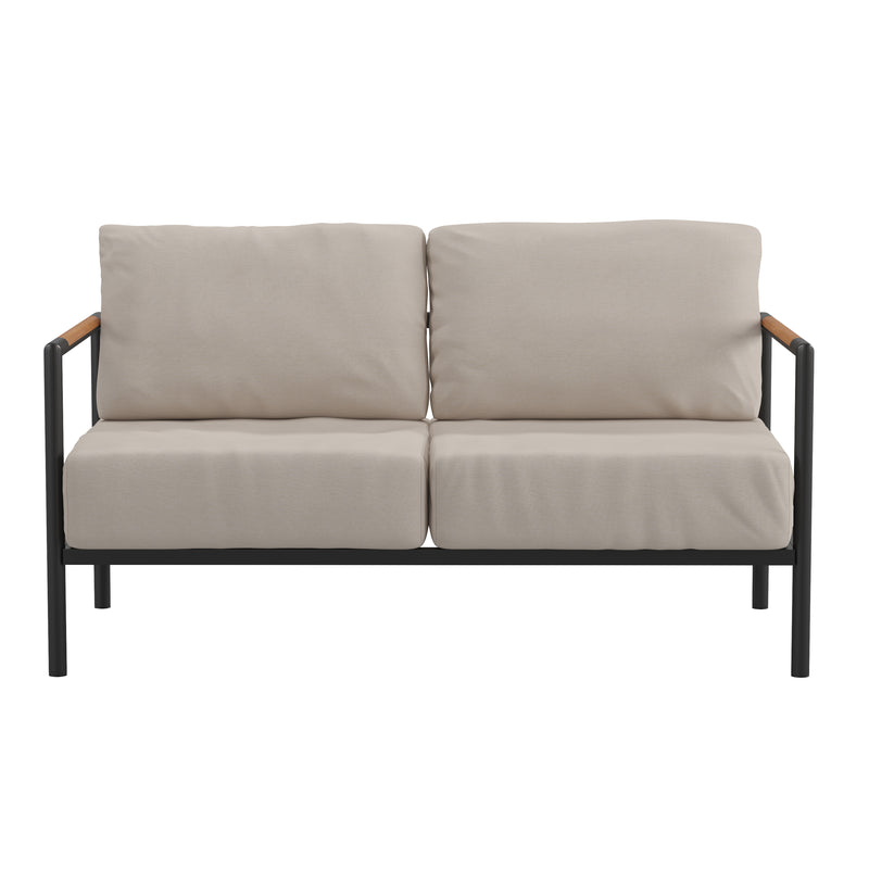 Amy Black Metal Indoor/Outdoor Patio Love Seat with Teak Accented Arms and Cushions