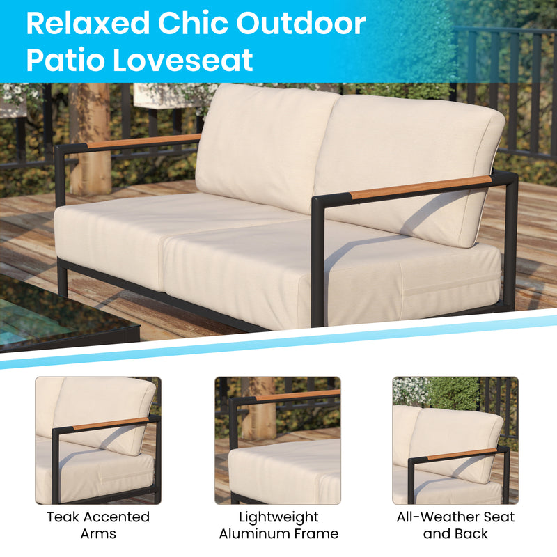 Amy Black Metal Indoor/Outdoor Patio Love Seat with Teak Accented Arms and Cushions