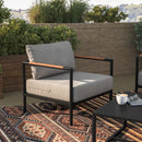 Amy Black Metal Indoor/Outdoor Patio Chair with Teak Accented Arms and Cushions