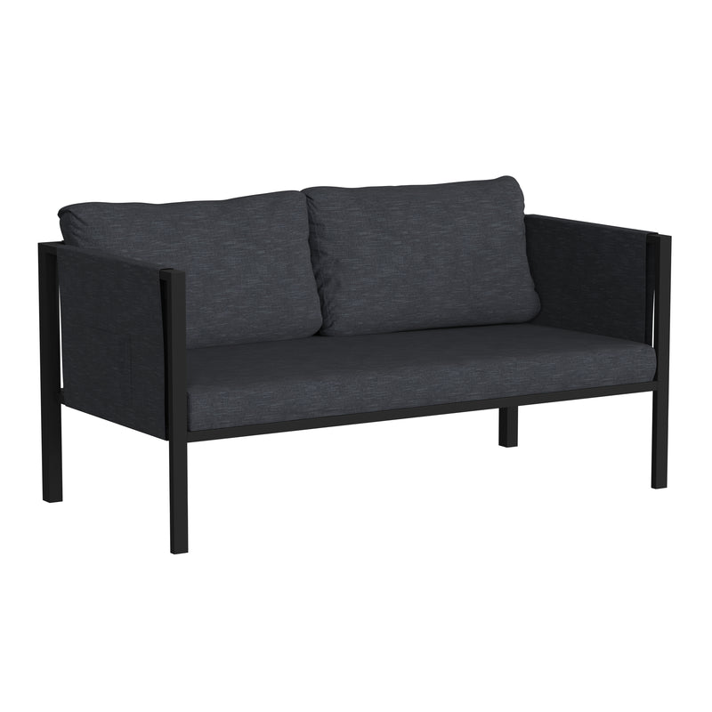 Amy Black Metal Indoor/Outdoor Patio Love Seat with Storage Pockets and Cushions