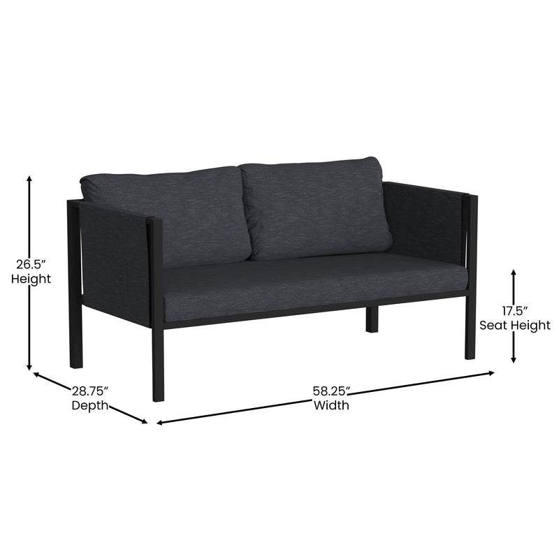 Amy Black Metal Indoor/Outdoor Patio Love Seat with Storage Pockets