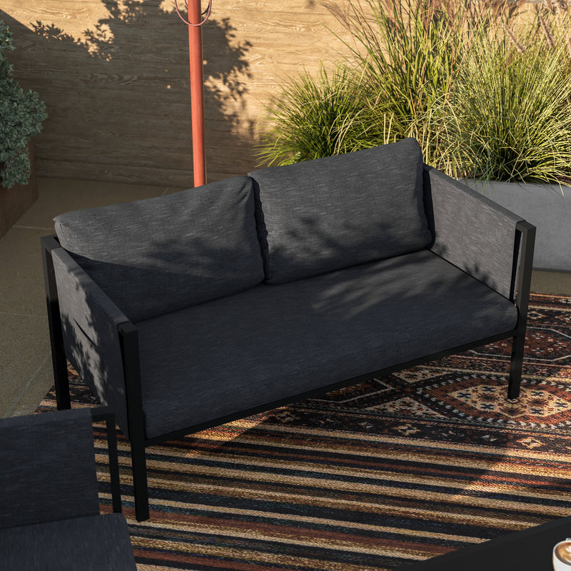 Amy Black Metal Indoor/Outdoor Patio Love Seat with Storage Pockets and Cushions