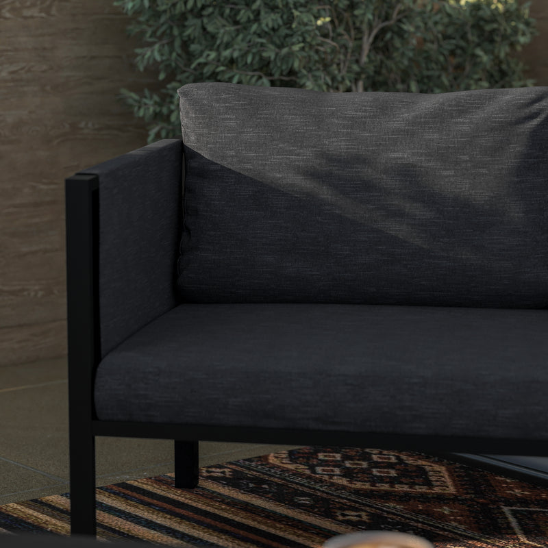 Amy Black Metal Indoor/Outdoor Patio Love Seat with Storage Pockets and Cushions