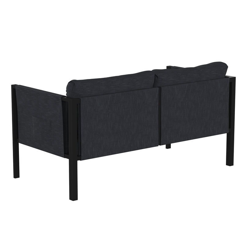 Amy Black Metal Indoor/Outdoor Patio Love Seat with Storage Pockets and Cushions