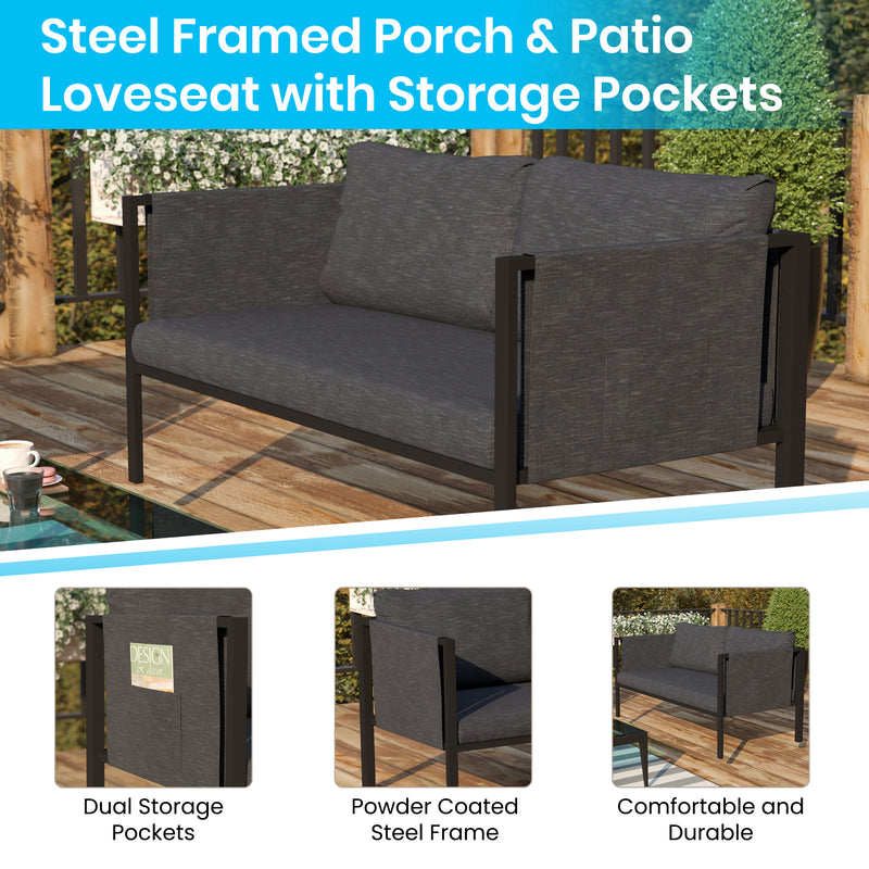 Amy Black Metal Indoor/Outdoor Patio Love Seat with Storage Pockets and Cushions