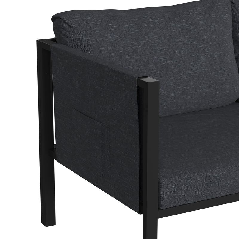 Amy Black Metal Indoor/Outdoor Patio Love Seat with Storage Pockets and Cushions