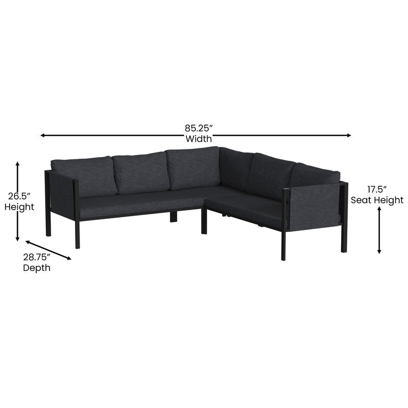 Amy Black Metal Indoor/Outdoor Patio Sectional with Storage Pockets and Cushions