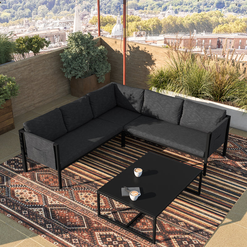 Amy Black Metal Indoor/Outdoor Patio Sectional with Storage Pockets and Cushions