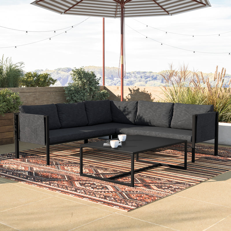 Amy Black Metal Indoor/Outdoor Patio Sectional with Storage Pockets and Cushions