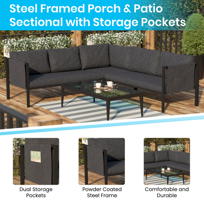 Amy Black Metal Indoor/Outdoor Patio Sectional with Storage Pockets and Cushions