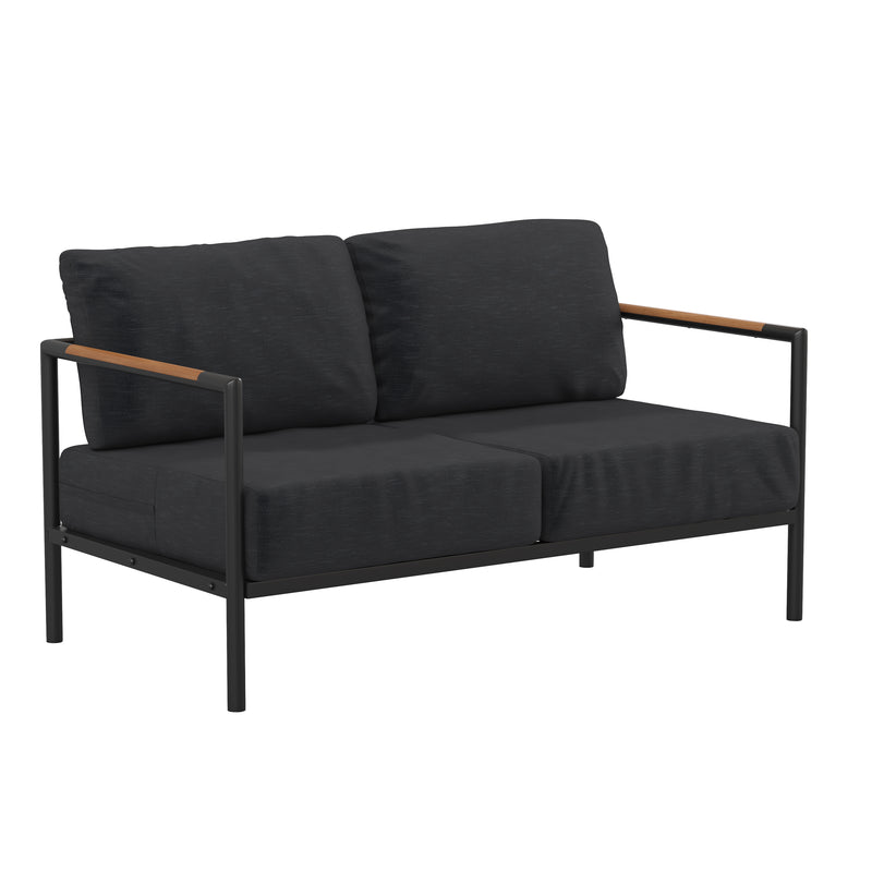 Amy Black Metal Indoor/Outdoor Patio Love Seat with Teak Accented Arms and Cushions