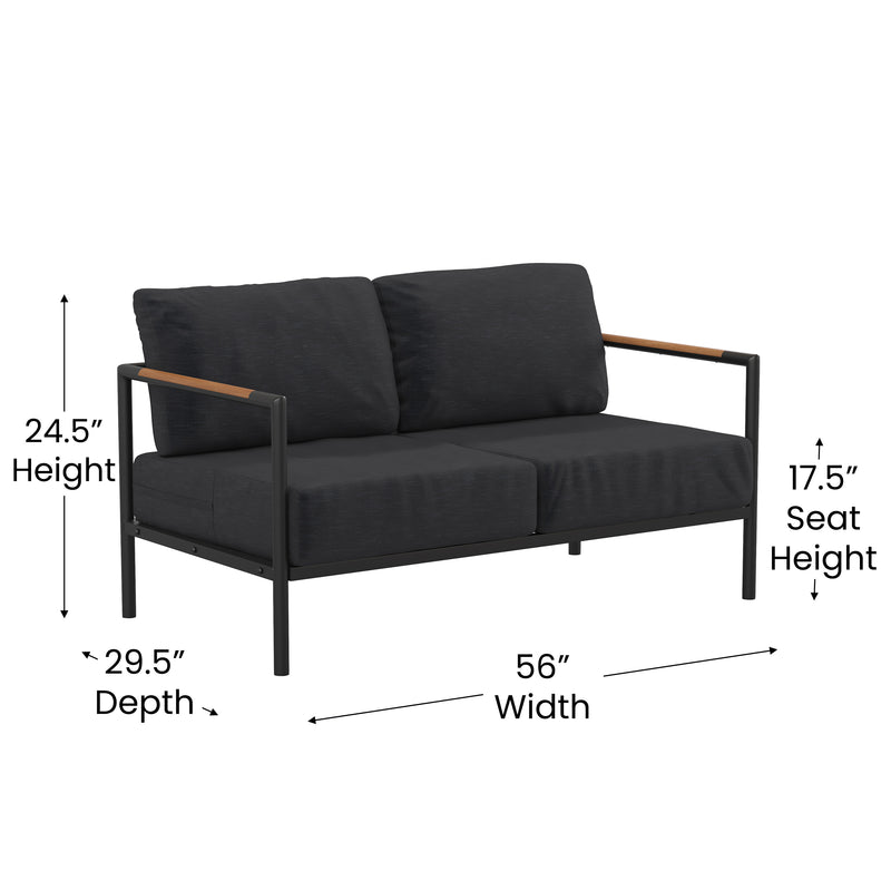 Amy Black Metal Indoor/Outdoor Patio Love Seat with Teak Accented Arms