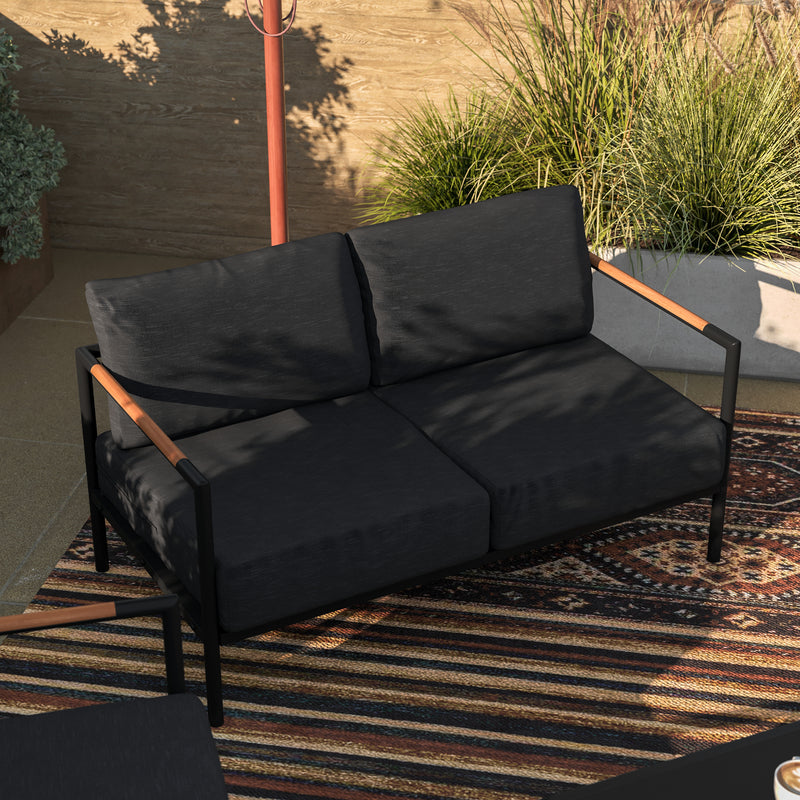 Amy Black Metal Indoor/Outdoor Patio Love Seat with Teak Accented Arms and Cushions