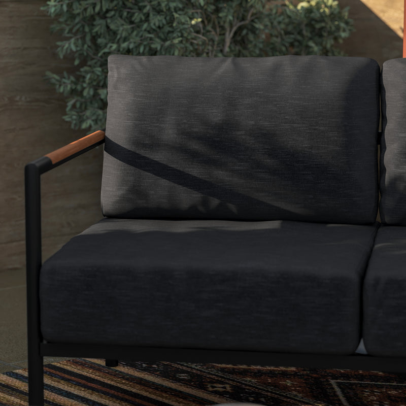 Amy Black Metal Indoor/Outdoor Patio Love Seat with Teak Accented Arms and Cushions