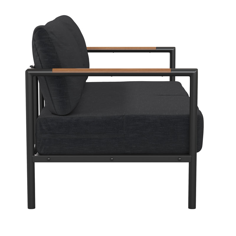 Amy Black Metal Indoor/Outdoor Patio Love Seat with Teak Accented Arms and Cushions