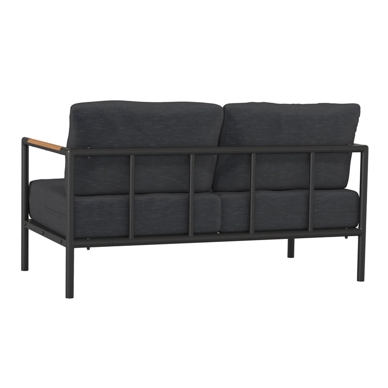 Amy Black Metal Indoor/Outdoor Patio Love Seat with Teak Accented Arms and Cushions