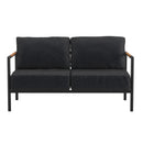 Amy Black Metal Indoor/Outdoor Patio Love Seat with Teak Accented Arms and Cushions