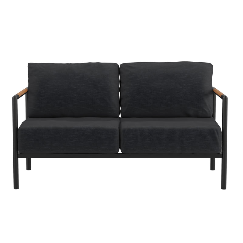 Amy Black Metal Indoor/Outdoor Patio Love Seat with Teak Accented Arms