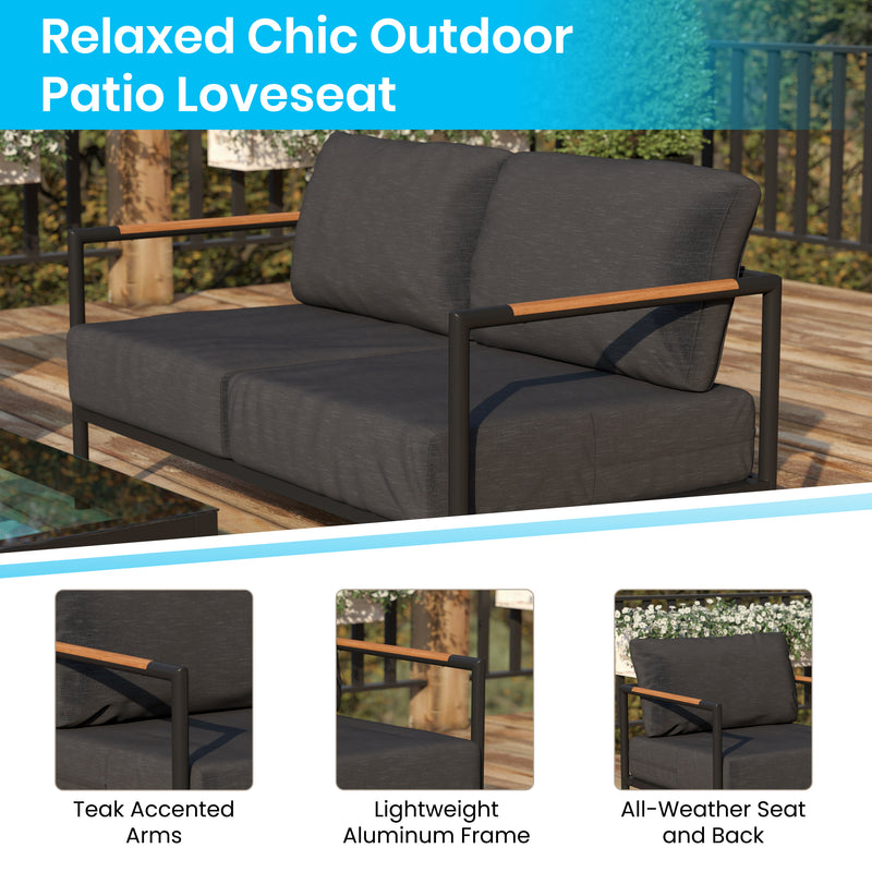 Amy Black Metal Indoor/Outdoor Patio Love Seat with Teak Accented Arms and Cushions