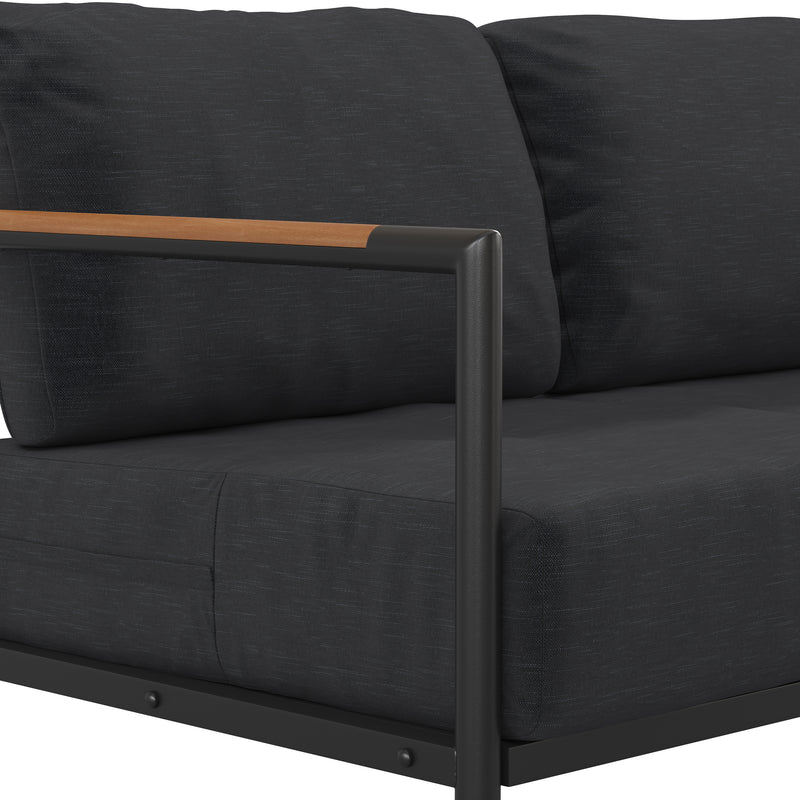 Amy Black Metal Indoor/Outdoor Patio Love Seat with Teak Accented Arms and Cushions