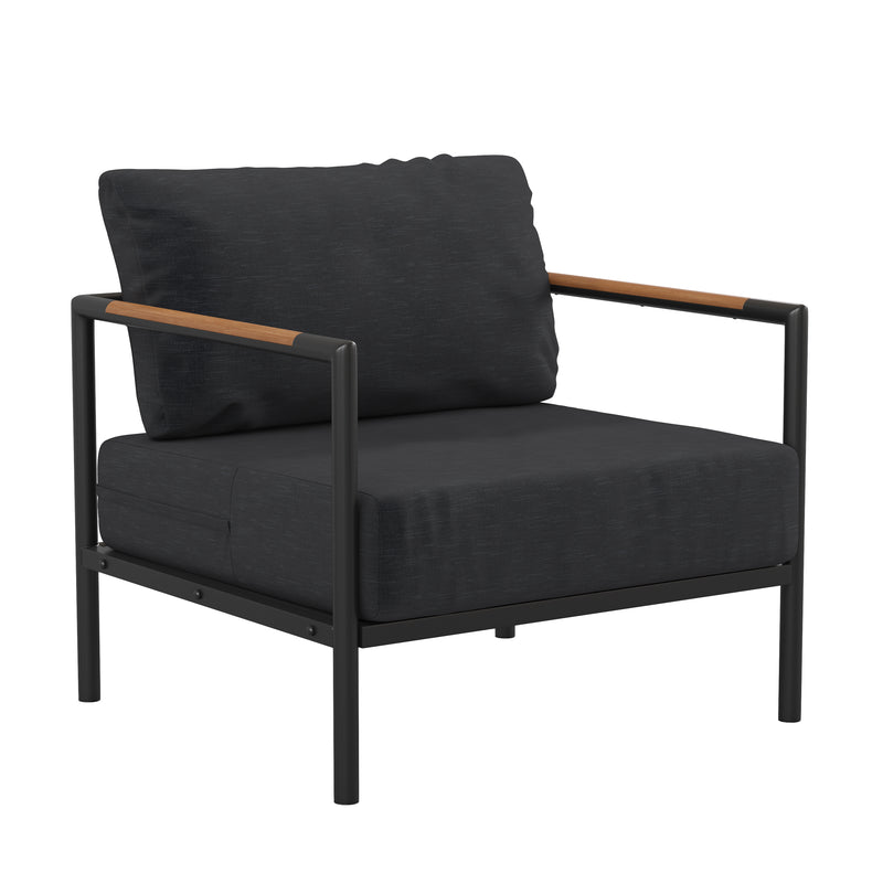 Amy Black Metal Indoor/Outdoor Patio Chair with Teak Accented Arms