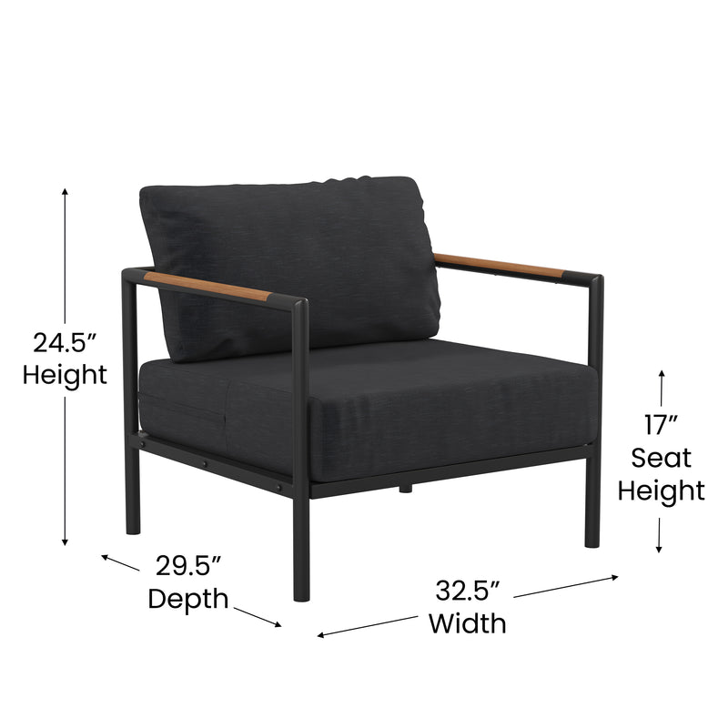 Amy Black Metal Indoor/Outdoor Patio Chair with Teak Accented Arms and Cushions