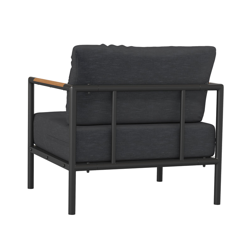 Amy Black Metal Indoor/Outdoor Patio Chair with Teak Accented Arms and Cushions