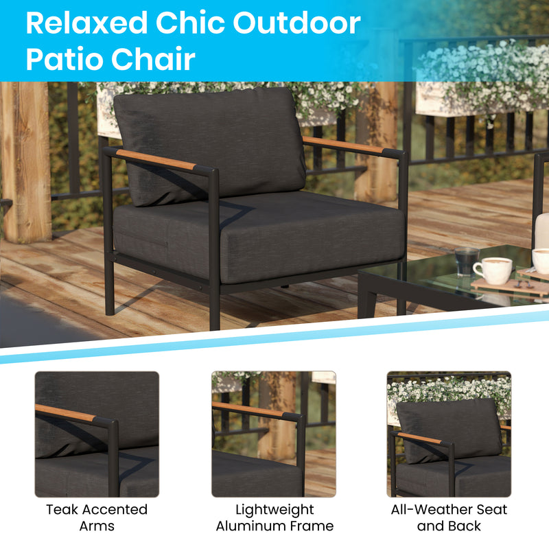 Amy Black Metal Indoor/Outdoor Patio Chair with Teak Accented Arms