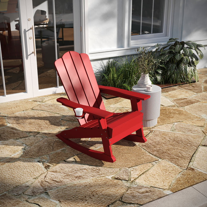 Nellis Adirondack Rocking Chair with Cup Holder, Weather Resistant HDPE Adirondack Rocking Chair