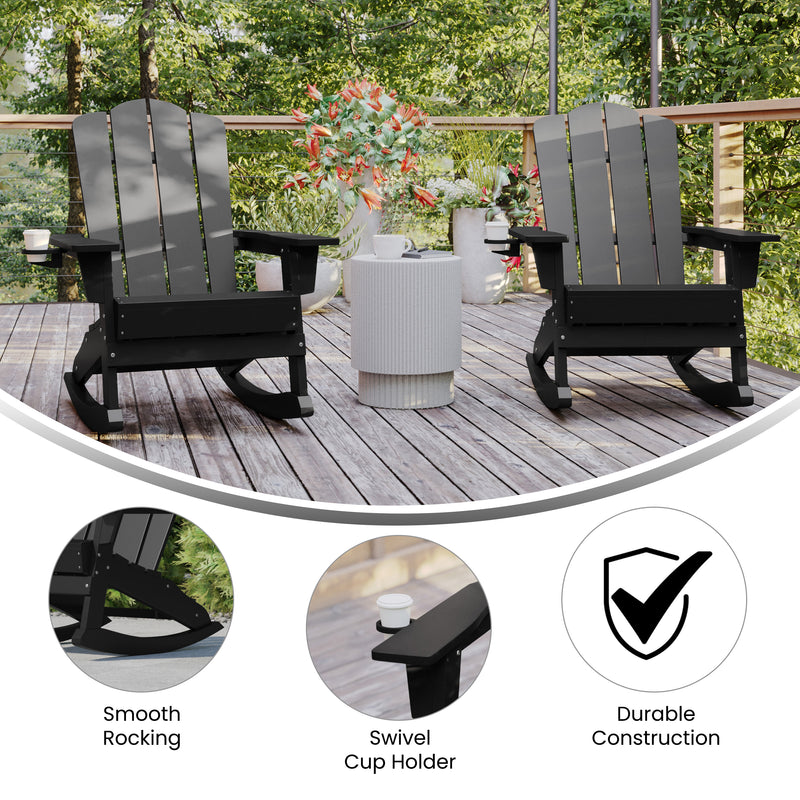 Hedley Adirondack Rocking Chair with Cup Holder, Weather Resistant HDPE Adirondack Rocking Chair, Set of 2