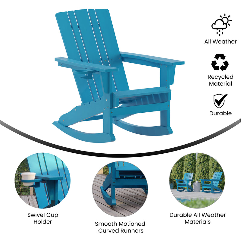 Hedley Adirondack Rocking Chair with Cup Holder, Weather Resistant HDPE Adirondack Rocking Chair, Set of 2