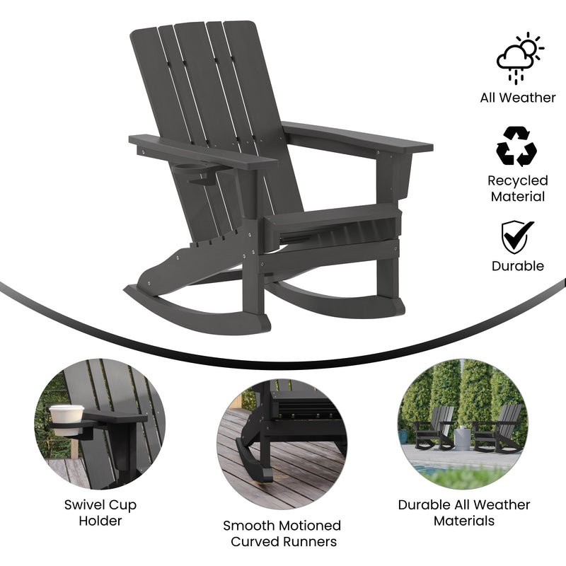 Hedley Adirondack Rocking Chair with Cup Holder, Weather Resistant HDPE Adirondack Rocking Chair, Set of 2