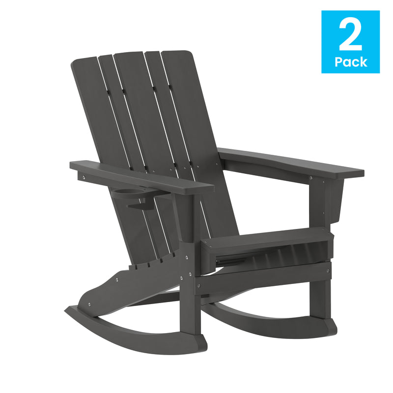 Hedley Adirondack Rocking Chair with Cup Holder, Weather Resistant HDPE Adirondack Rocking Chair, Set of 2