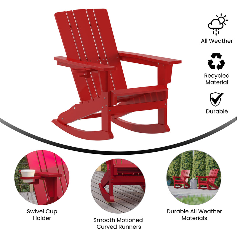 Hedley Adirondack Rocking Chair with Cup Holder, Weather Resistant HDPE Adirondack Rocking Chair, Set of 2