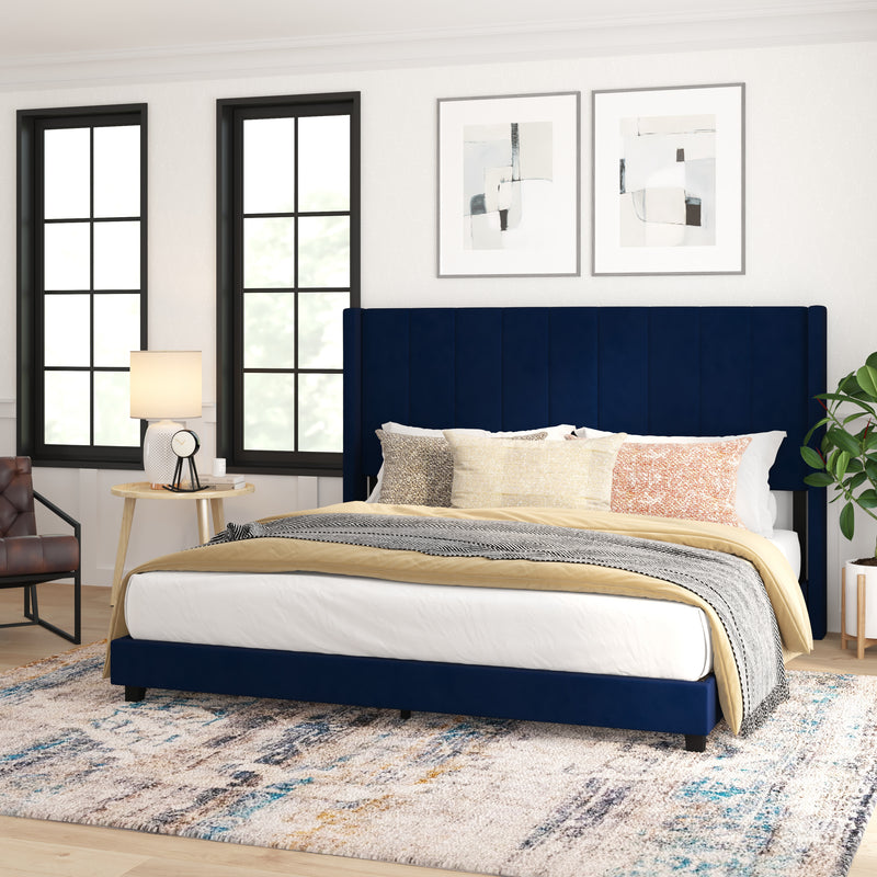 Soren Navy Velvet Upholstered Platform Bed Frame with Wingback Headboard and Slatted Mattress Foundation