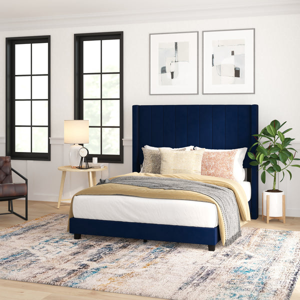 Soren Navy Velvet Upholstered Platform Bed Frame with Wingback Headboard and Slatted Mattress Foundation