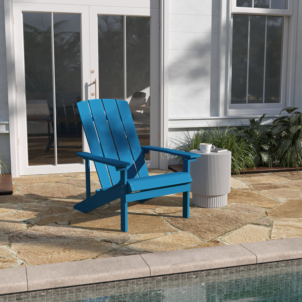 pool blue plastic adirondack chairs