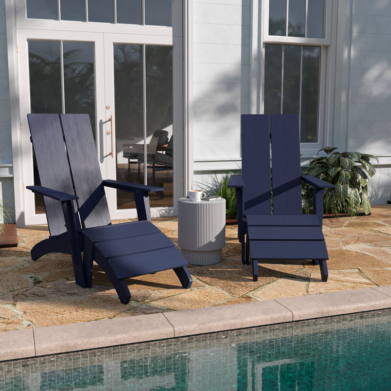 Brady Dual Slat Back Poly Resin Adirondack Chairs with Foot Rests