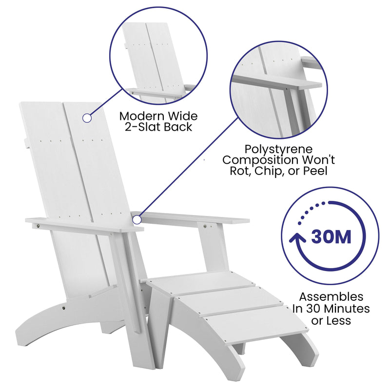 Brady Dual Slat Back Poly Resin Adirondack Chairs with Foot Rests