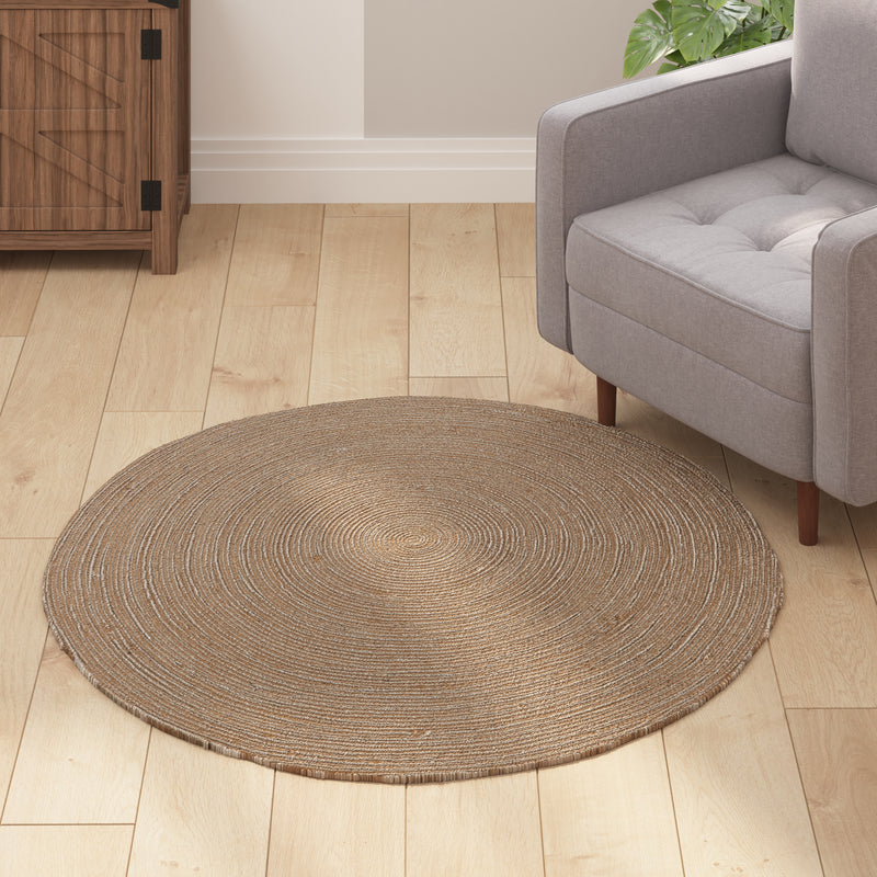 Kelsey 4 Foot Round Braided Design Natural Jute and Polyester Blend Indoor Area Rug