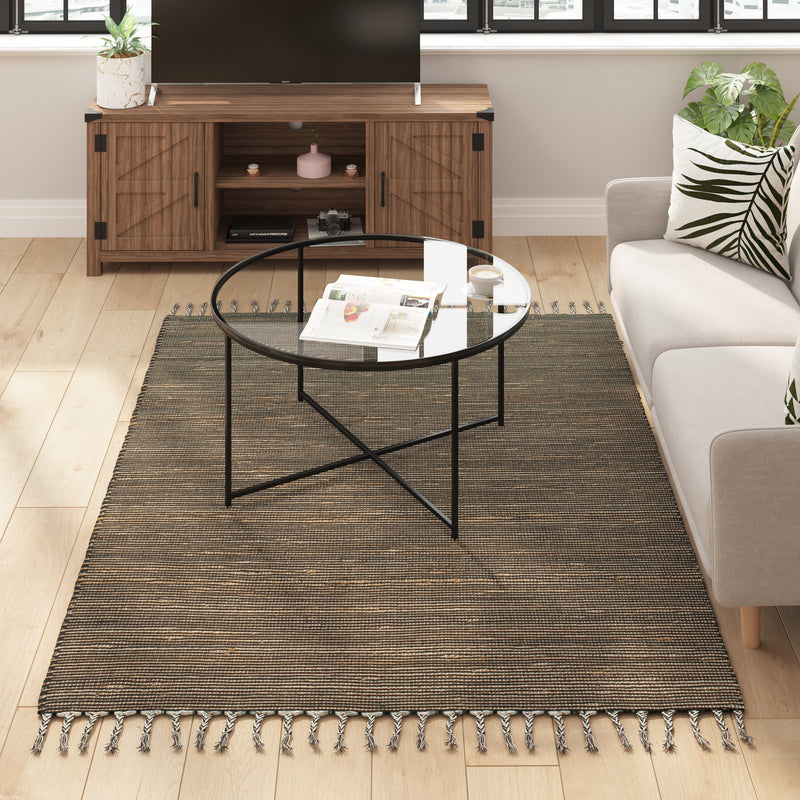 Doris 5' x 7' Handwoven Jute and Cotton Blend Area Rug with Braided Tassels in Black and Jute