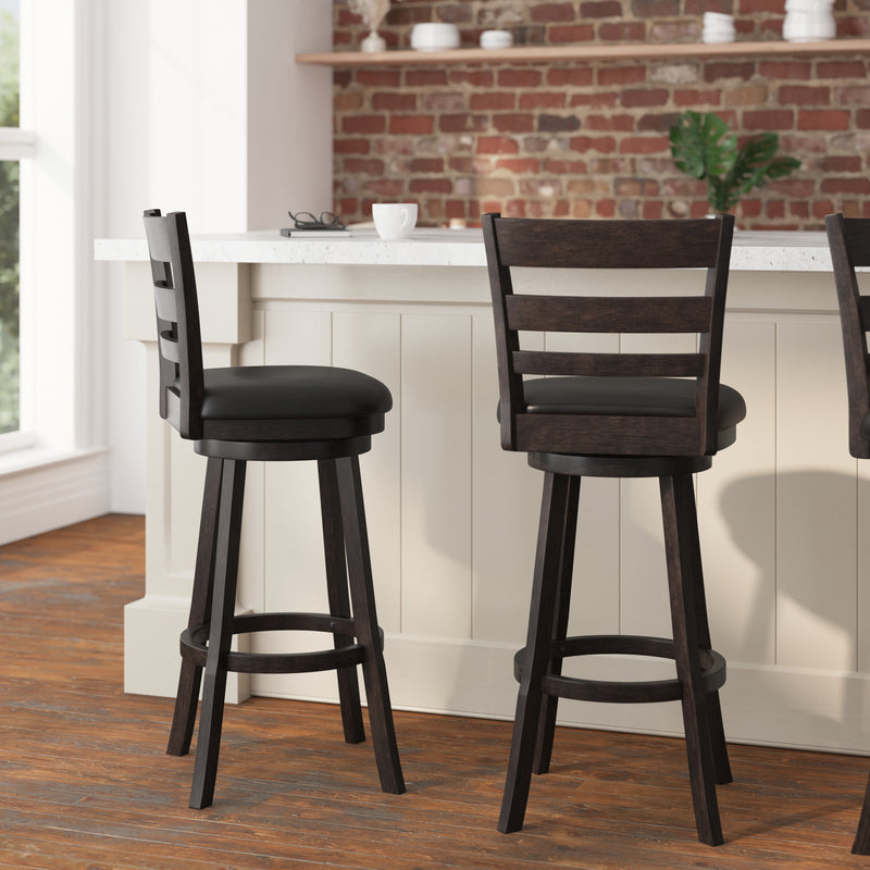 Zayne Classic Ladderback Wooden Swivel Bar Stool with Faux Leather Seat