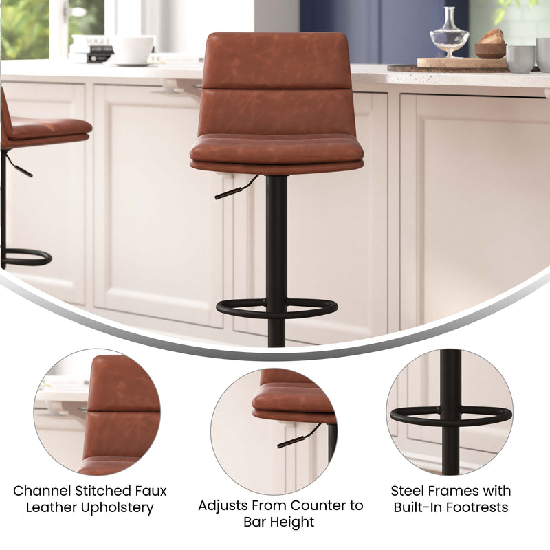 Drummond Set of 2 Modern Adjustable Height Upholstered Channel Stitched Barstools with Pedestal Base