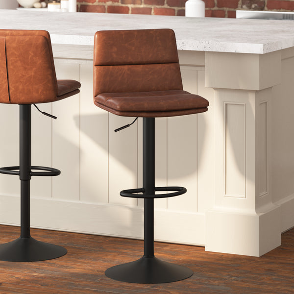 Drummond Set of 2 Modern Adjustable Height Upholstered Channel Stitched Barstools with Pedestal Base