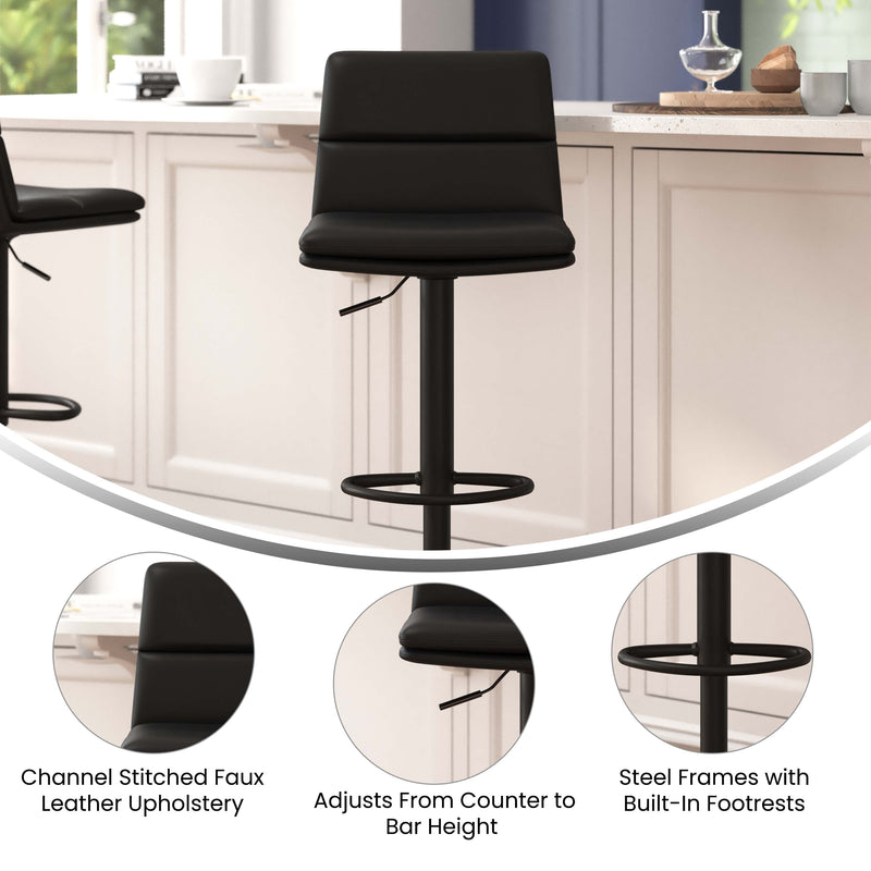 Drummond Set of 2 Modern Adjustable Height Upholstered Channel Stitched Barstools with Pedestal Base