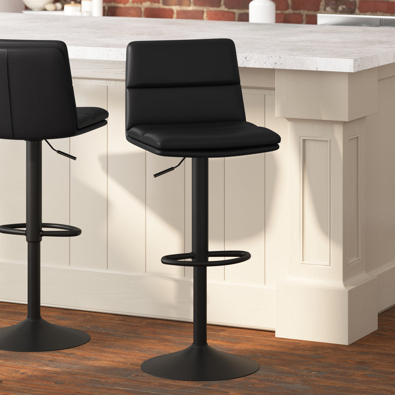 Drummond Set of 2 Modern Adjustable Height Upholstered Channel Stitched Barstools with Pedestal Base