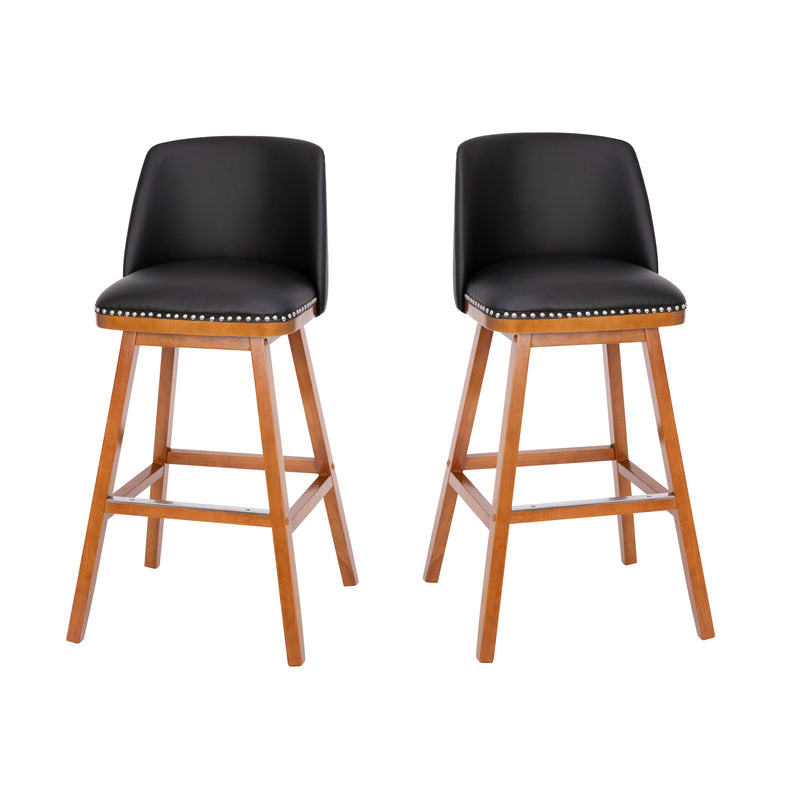 Nina Transitional Upholstered Bar Stools with Nailhead Trim and Wood Grain Finish, Set of 2