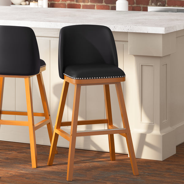 Nina Transitional Upholstered Bar Stools with Nailhead Trim and Wood Grain Finish, Set of 2